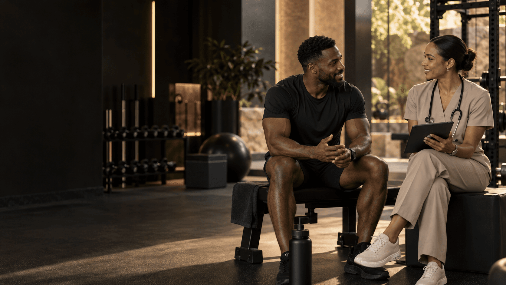 Fitness professional speaking with a healthcare professional